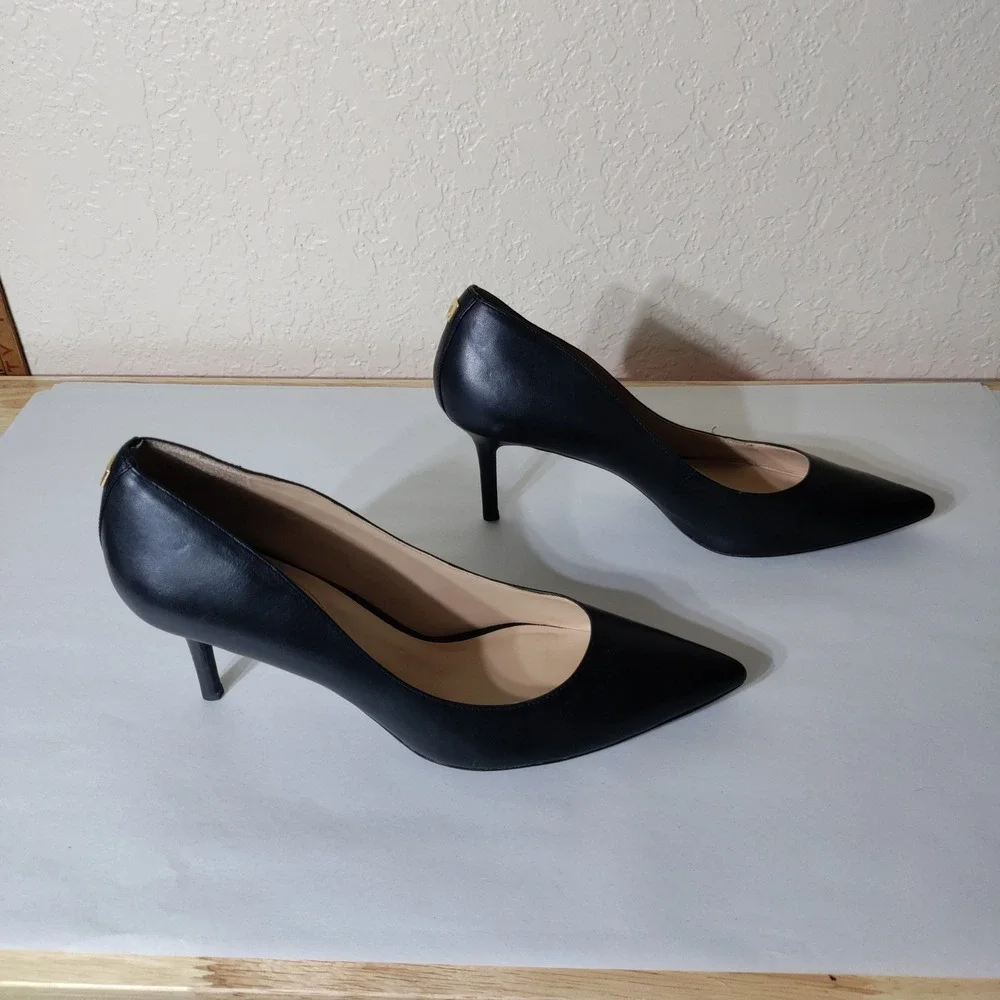Lauren Ralph Lauren Womens Black Leather Pointed Toe Kitten Heel Pumps Size 11B